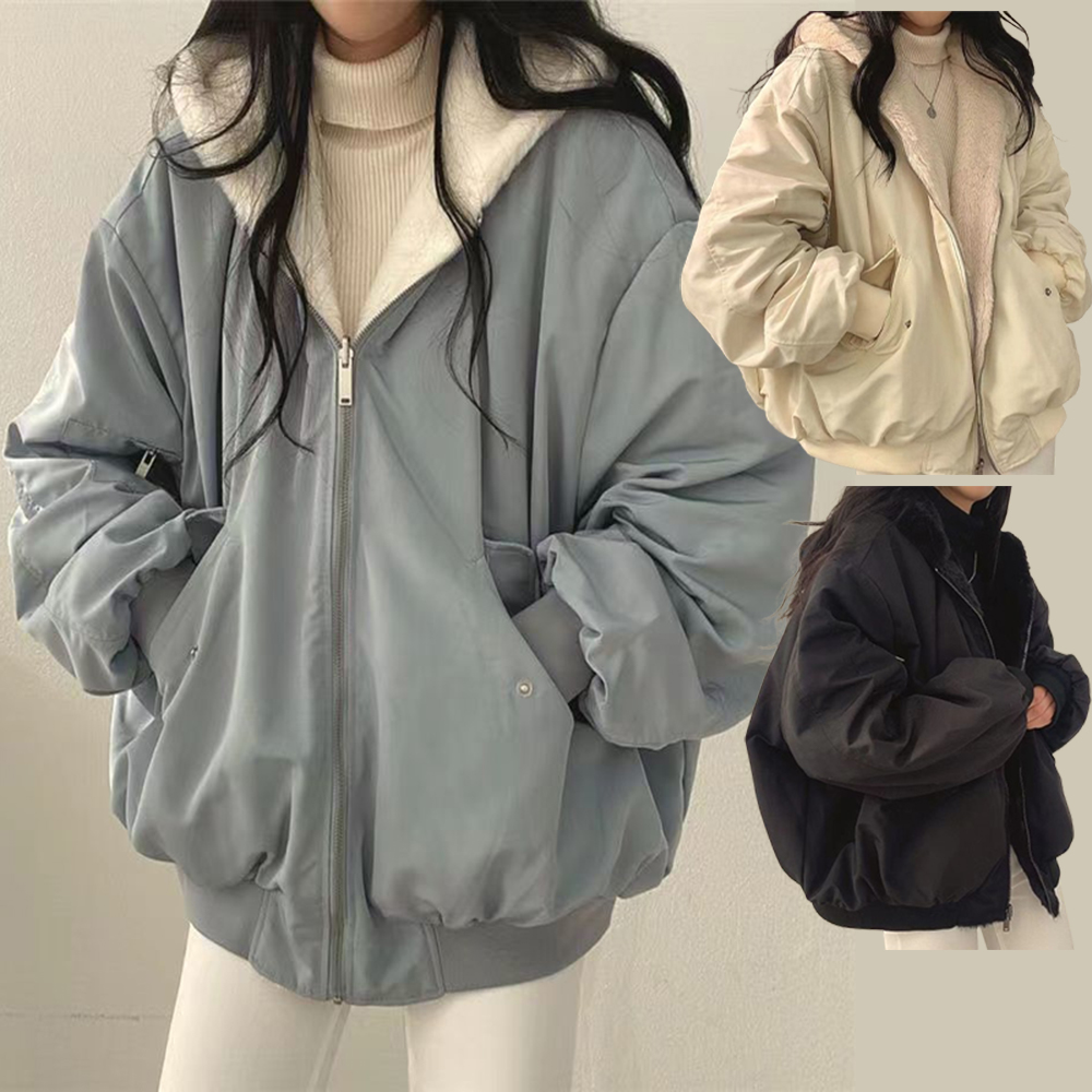 【CS22】加絨加厚兩面穿羊羔毛連帽外套M-2XL