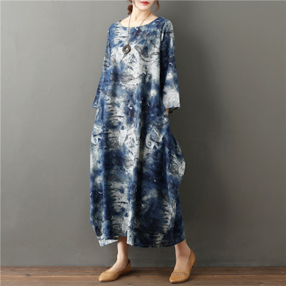 【89 zone】法式名媛文藝復古棉麻 洋裝 連衣裙(藍)