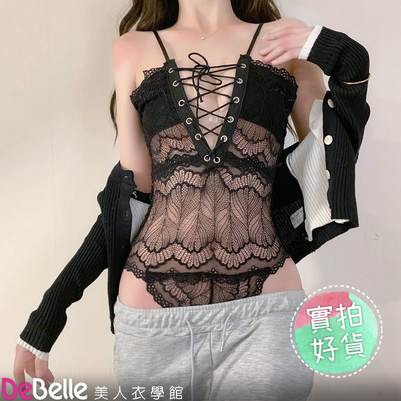 《DeBelle美人衣學館》性感情趣內衣吊帶全蕾絲獨特抹胸綁帶連體睡衣