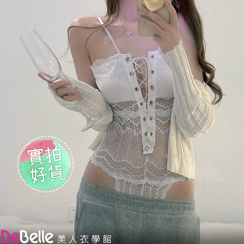 《DeBelle美人衣學館》性感情趣內衣吊帶全蕾絲獨特抹胸綁帶連體睡衣