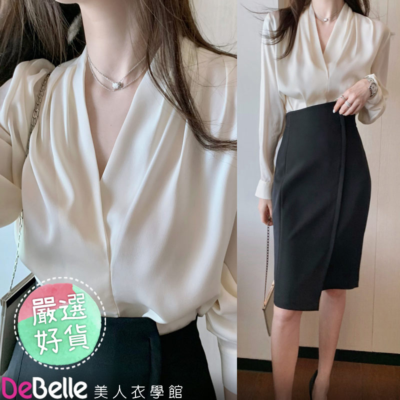 《DeBelle美人衣學館》春秋薄款法式OL設計款V領長袖緞面白襯衫