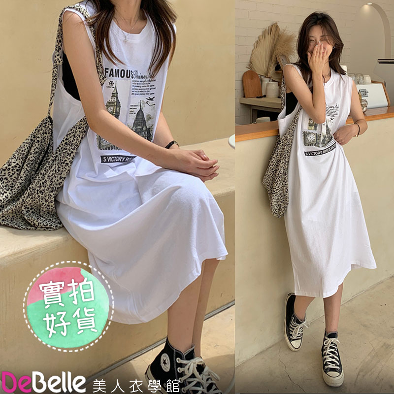 《DeBelle美人衣學館》夏寬鬆休閒美式印花精梳棉無袖中長款連衣裙
