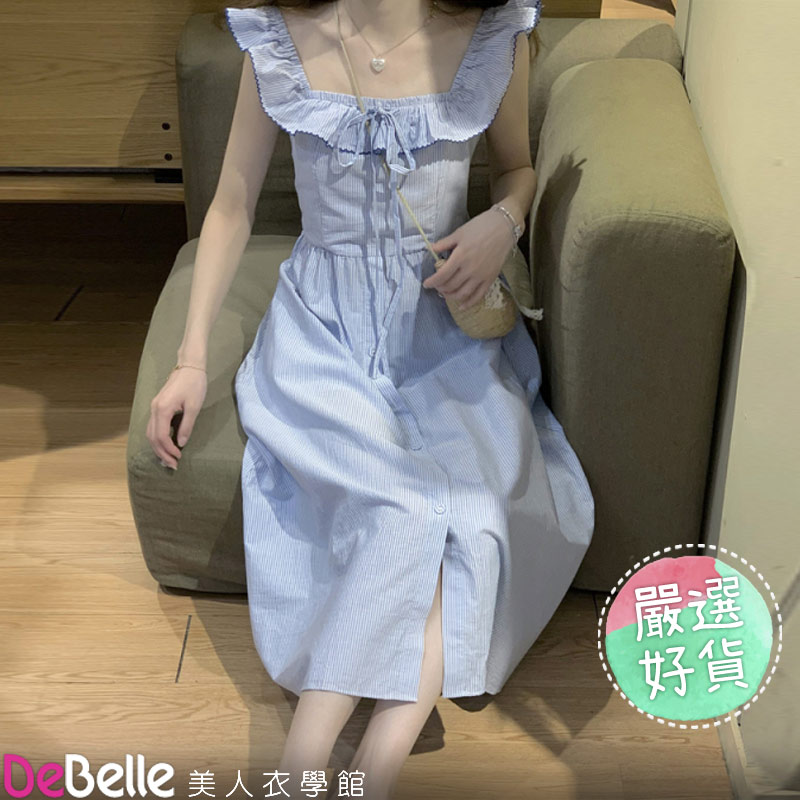 《DeBelle美人衣學館》夏薄款方領飛飛袖排釦細條紋無袖洋裝