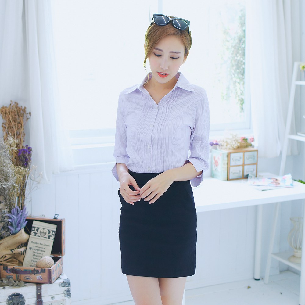 【EE-LADY】OL壓褶直紋七分袖襯衫 (紫色)