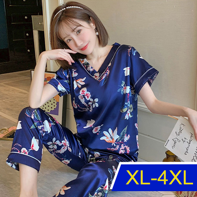 【韓國K.W.】KQN3834牡丹花天絲質感V領綢緞印花居家睡衣套裝(涼感/二件套/輕薄/短袖)