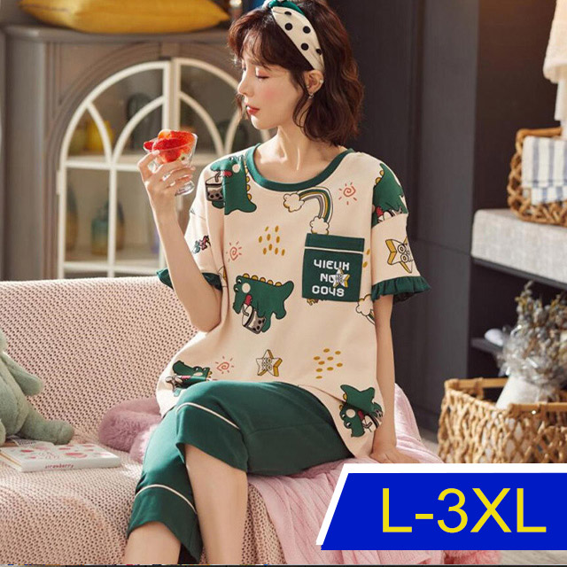 【韓國K.W.】KQN3935恐龍花版棉稠休閒套裝(涼感/二件套/輕薄/短袖)
