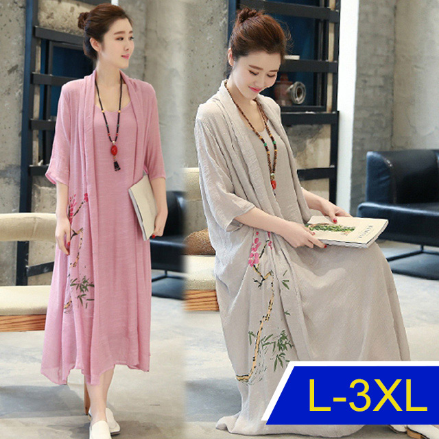 【韓國K.W.】KBN7290水墨畫名族風假兩件式洋裝(中國風/亞麻/輕薄)