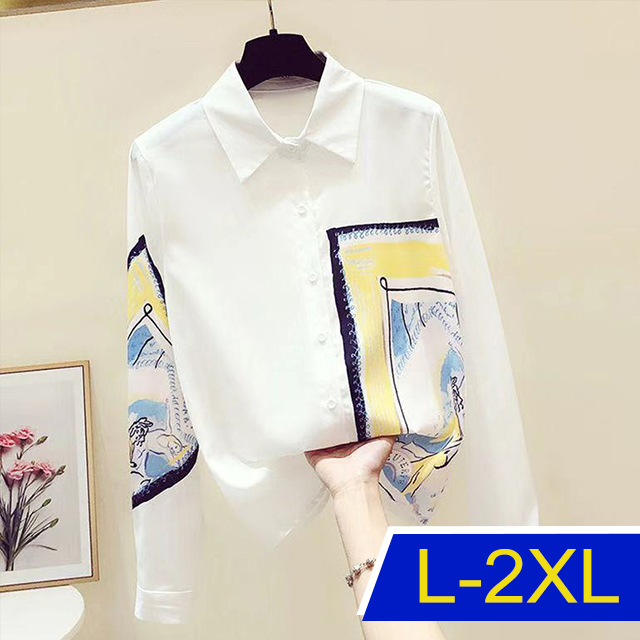 【韓國K.W.】KM2935設計款個性素面印花襯衫上衣(防曬/長袖襯衫/長袖上衣/薄外套)