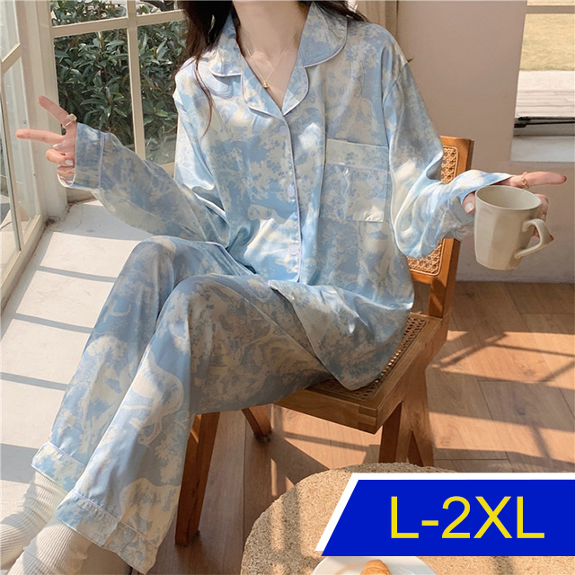 【韓國K.W.】KQM3981冰絲花漾套裝睡衣(套裝/秋冬/睡衣/休閒)