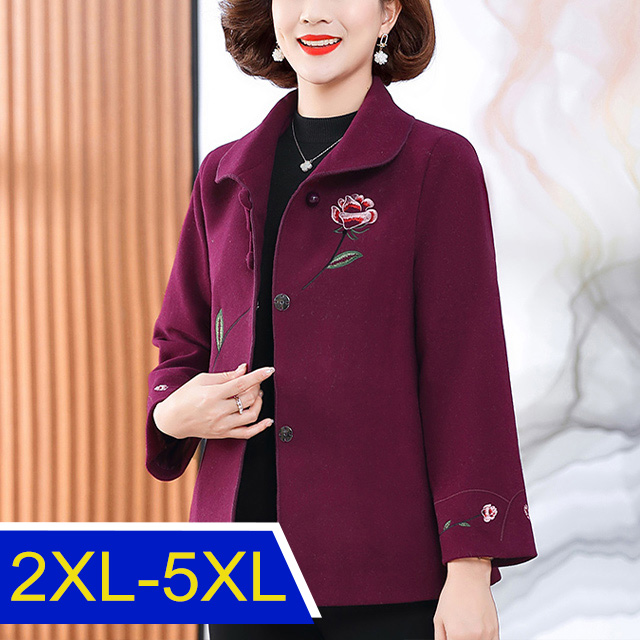 【韓國K.W.】KMM3322羊毛高質感繡花年節紅紫保暖外套(復古風/羊絨/加厚)