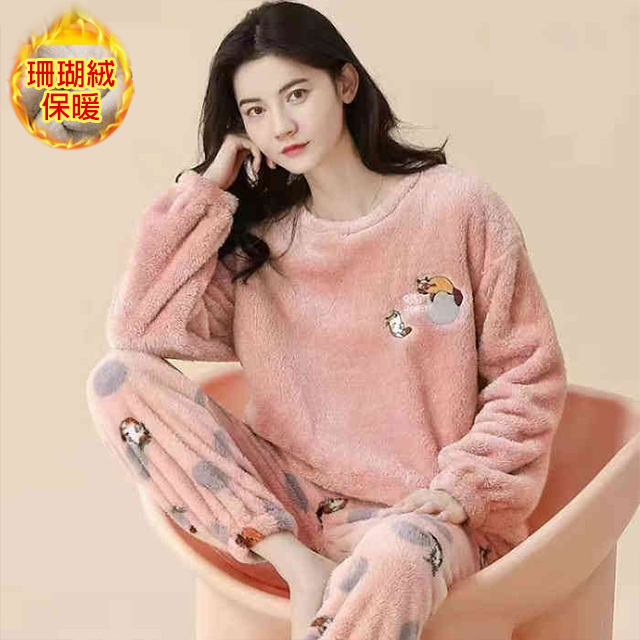 【韓國K.W.】KQM4314現貨韓國專櫃品質小球貓咪珊瑚絨保暖套裝(保暖/洋裝/超暖禦寒/加絨)