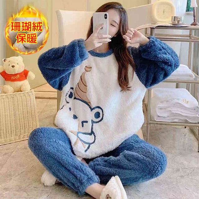 【韓國K.W.】KQM4311現貨韓國專櫃品質藍白熊珊瑚絨保暖套裝(保暖/洋裝/超暖禦寒/加絨)