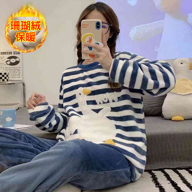 【韓國K.W.】KQM4313現貨韓國專櫃品質鴨鴨珊瑚絨保暖套裝(保暖/洋裝/超暖禦寒/加絨)