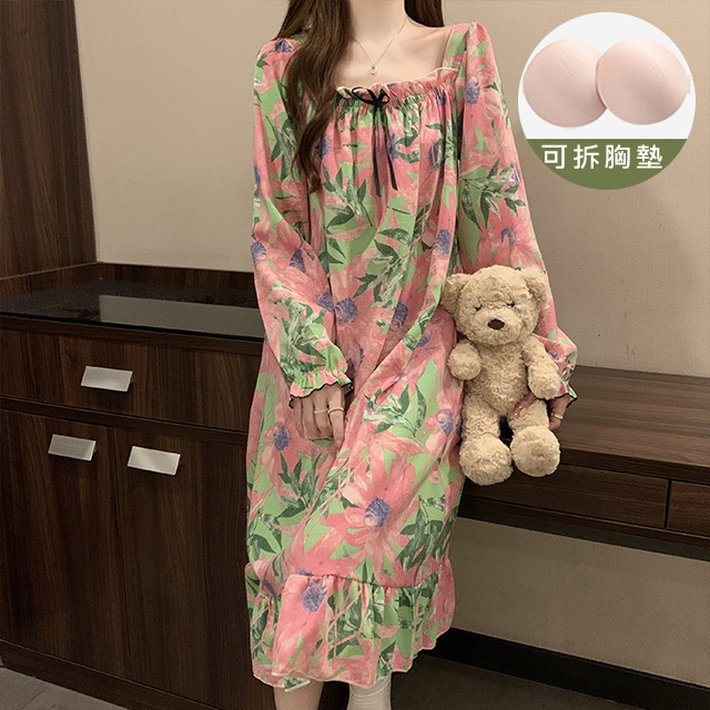 【韓國K.W.】KBM4469現貨韓國粉式熱情長袖棉紗法式居家休閒洋裝(洋裝/休閒/連身裙)