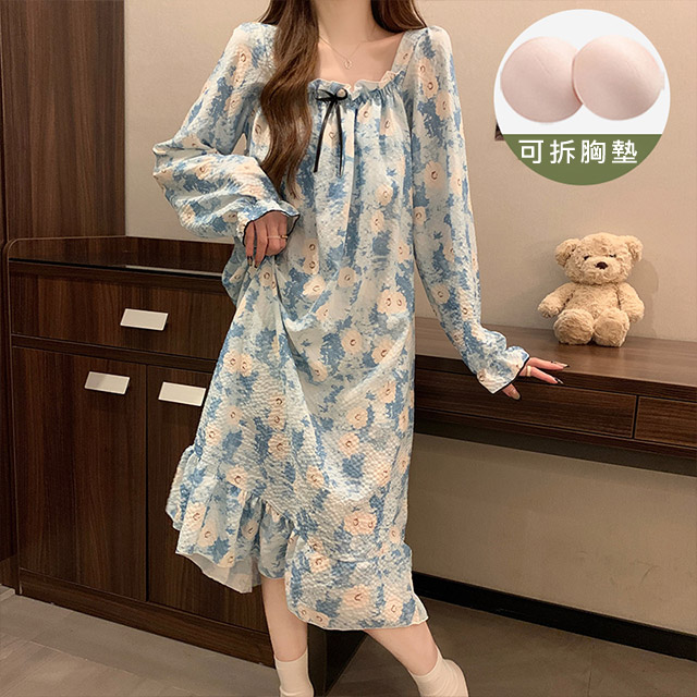 【韓國K.W.】KBM4470現貨韓國藍白花長袖棉紗法式居家休閒洋裝(洋裝/休閒/連身裙)