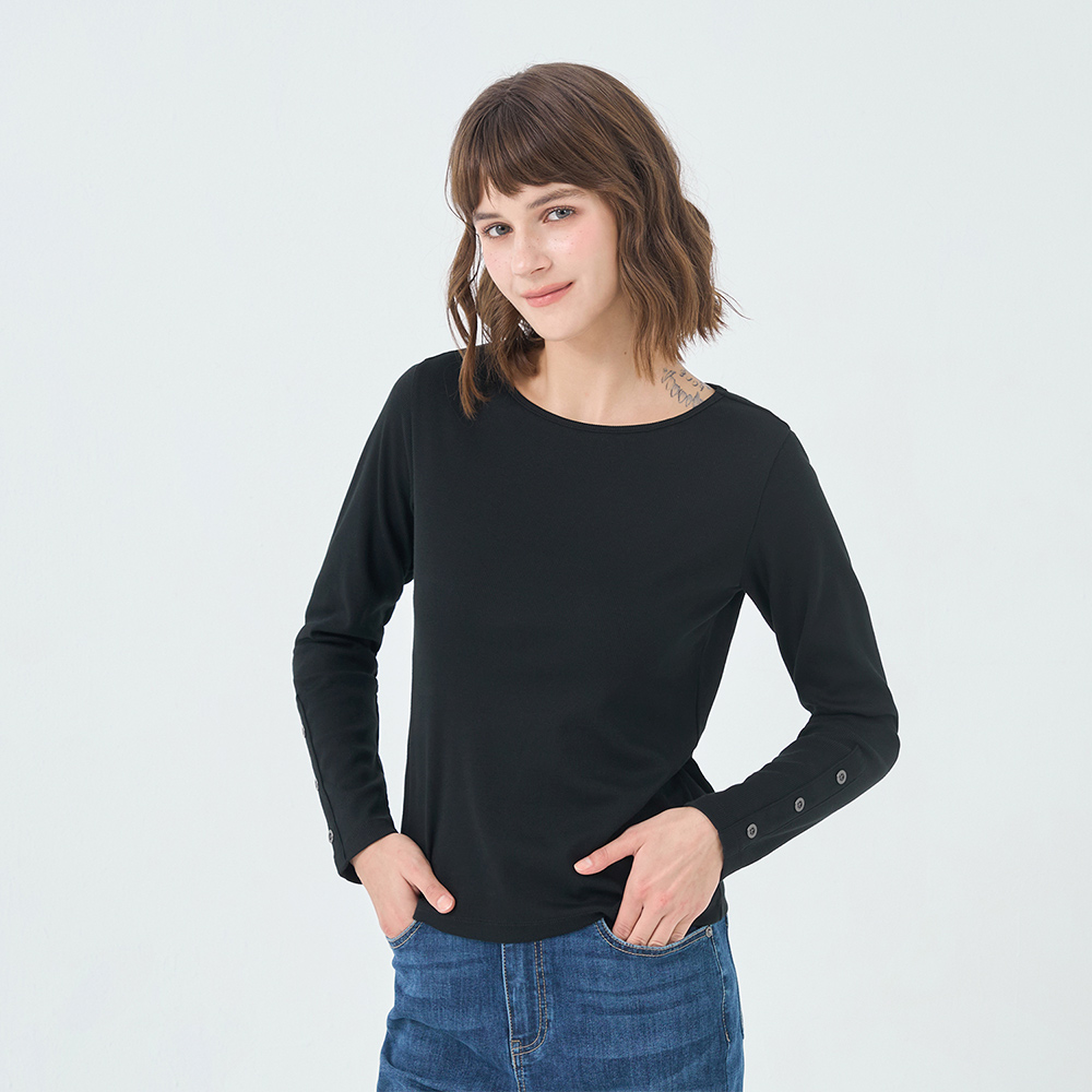 GIORDANO 女裝坑條圓領針織上衣-09 標誌黑