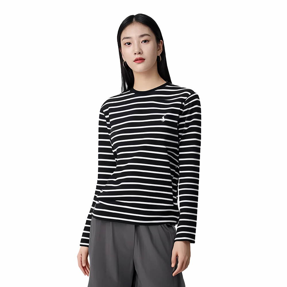 Polo Ralph Lauren 熱銷刺繡小馬透氣排汗素面長袖T恤-黑白條紋色(PIMA棉)