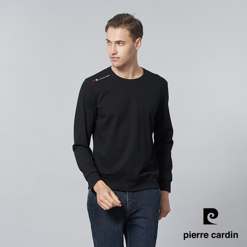 【pierre cardin 皮爾卡登】男裝 人造棉混紡微彈性素色圓領長袖T恤-黑色 (5245260-99)