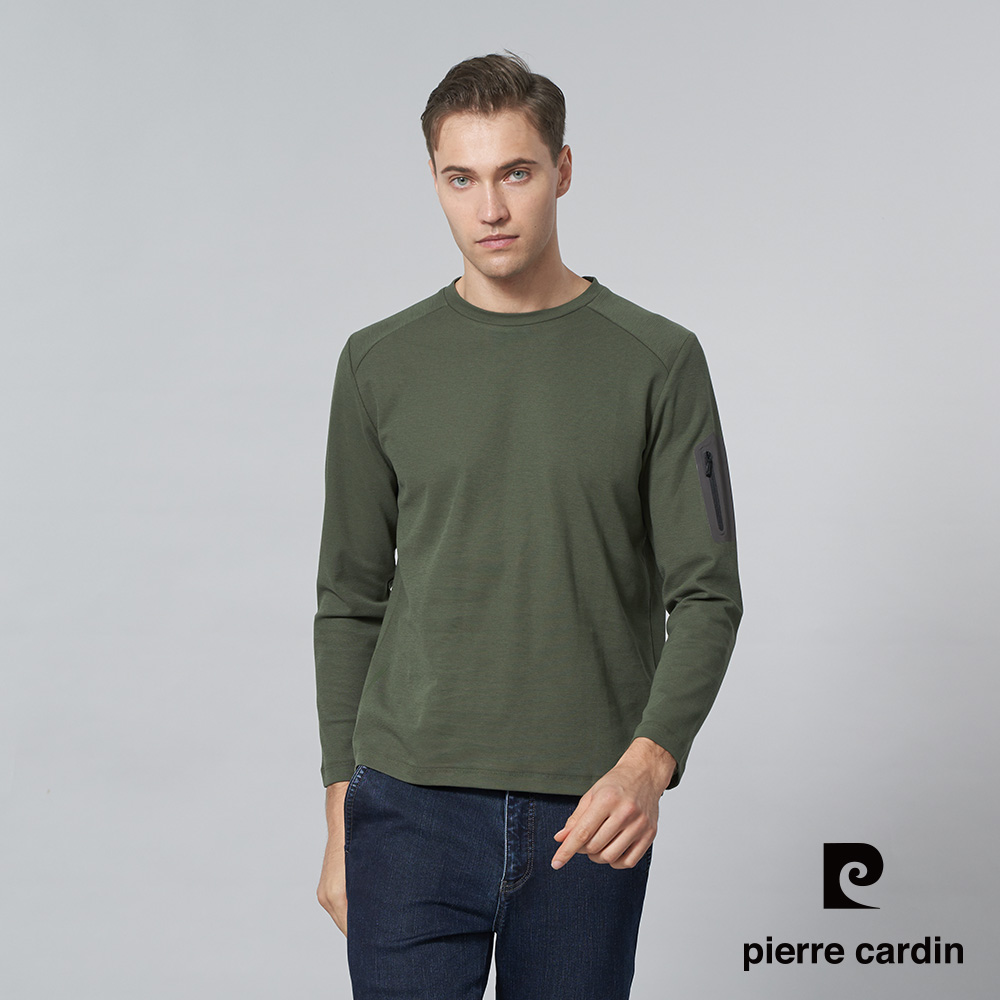 【pierre cardin 皮爾卡登】男裝 棉質混紡素色圓領長袖T恤-軍綠色 (5245261-47)