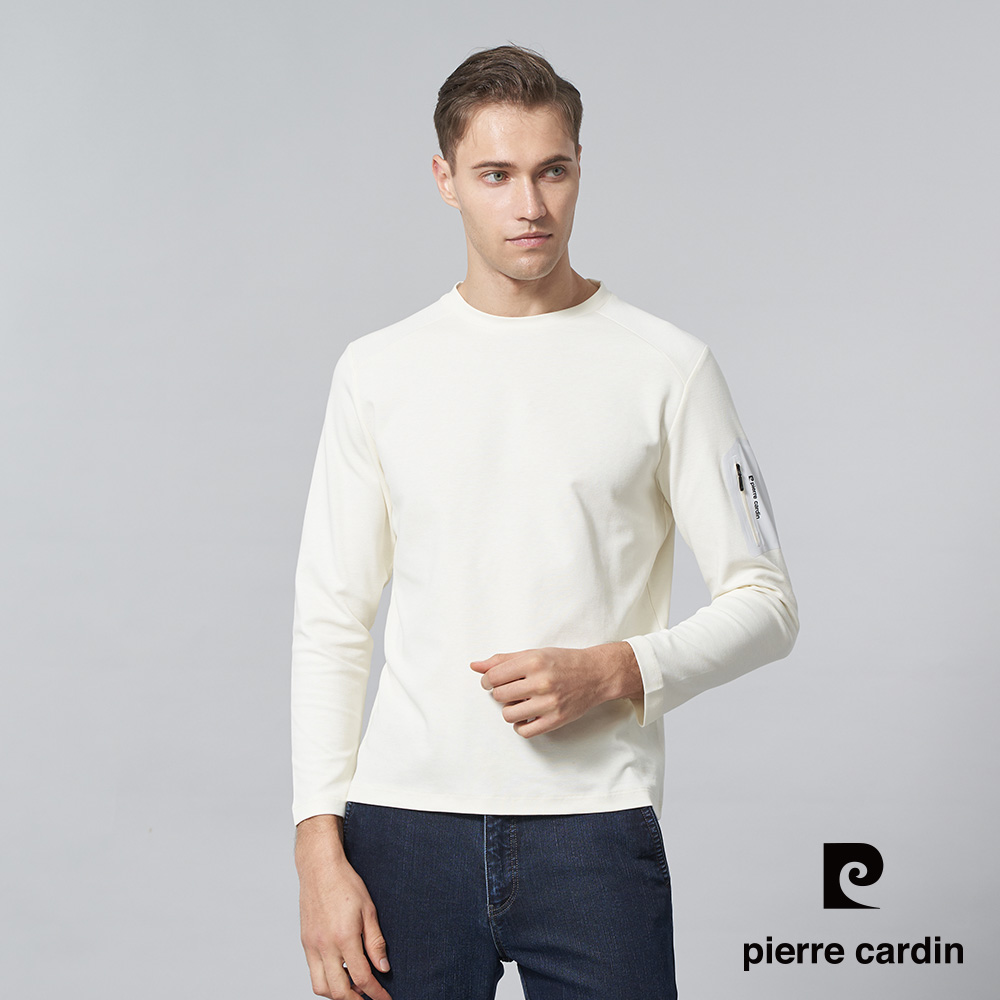 【pierre cardin 皮爾卡登】男裝 棉質混紡素色圓領長袖T恤-米白色 (5245261-80)