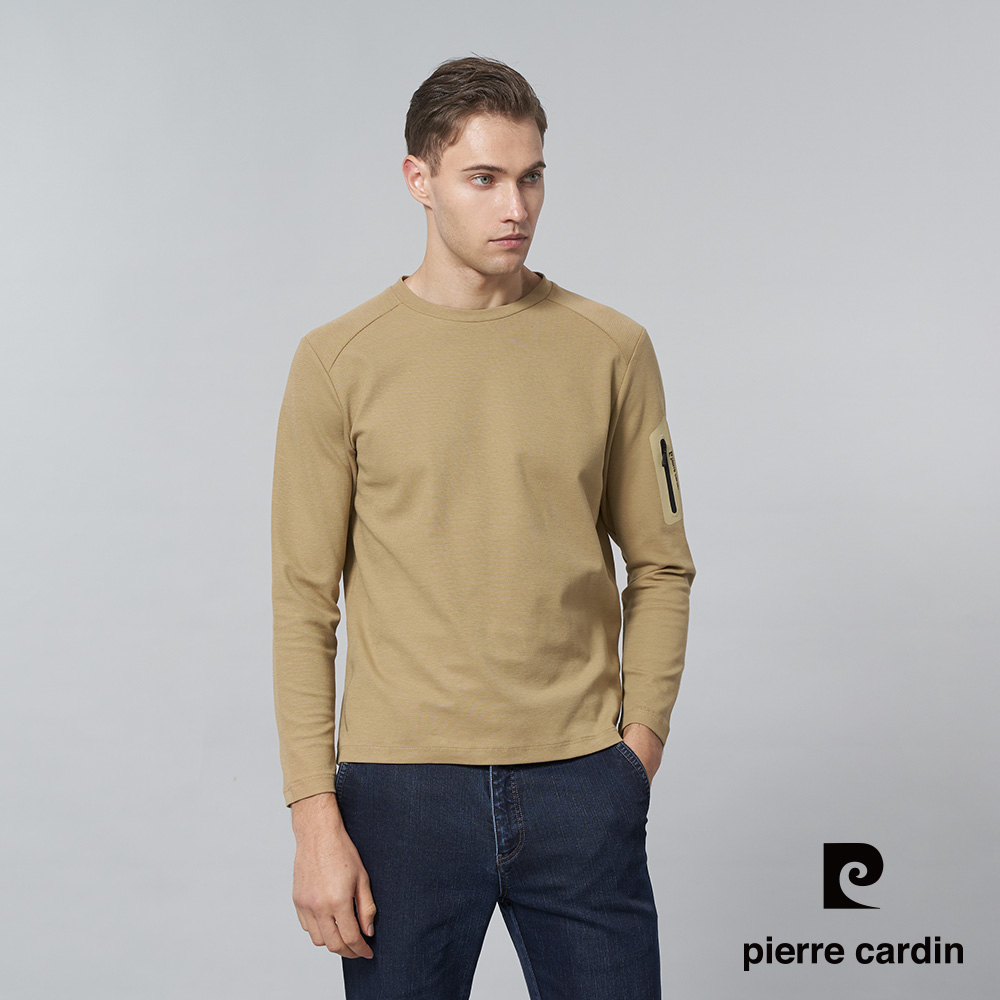 【pierre cardin 皮爾卡登】男裝 棉質混紡素色圓領長袖T恤-卡其色 (5245261-85)