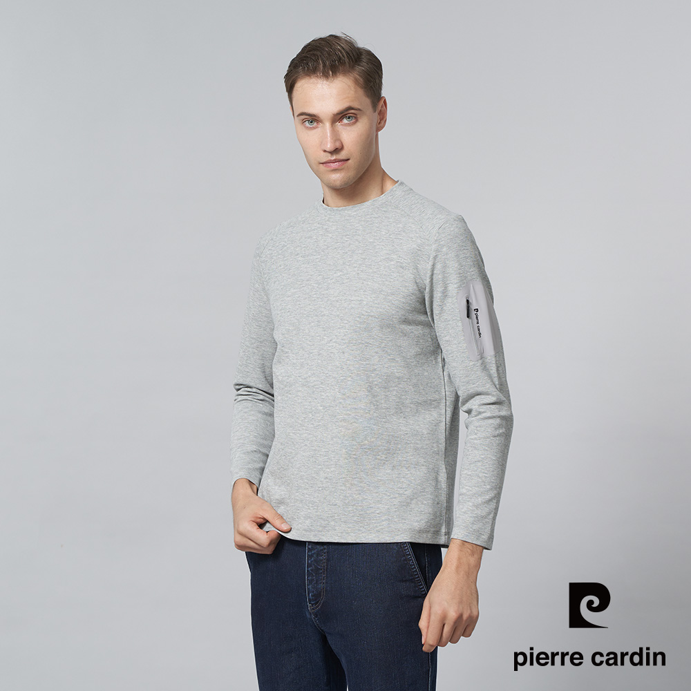 【pierre cardin 皮爾卡登】男裝 棉質混紡素色圓領長袖T恤-淺灰色 (5245261-95)