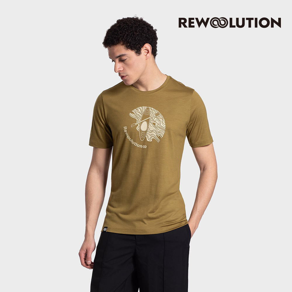 【Rewoolution】男 WAKA 140g短袖印花T恤(金黃色)-羊毛 吸濕排汗 羊毛衣 底層衣 T恤|REEB1MC516