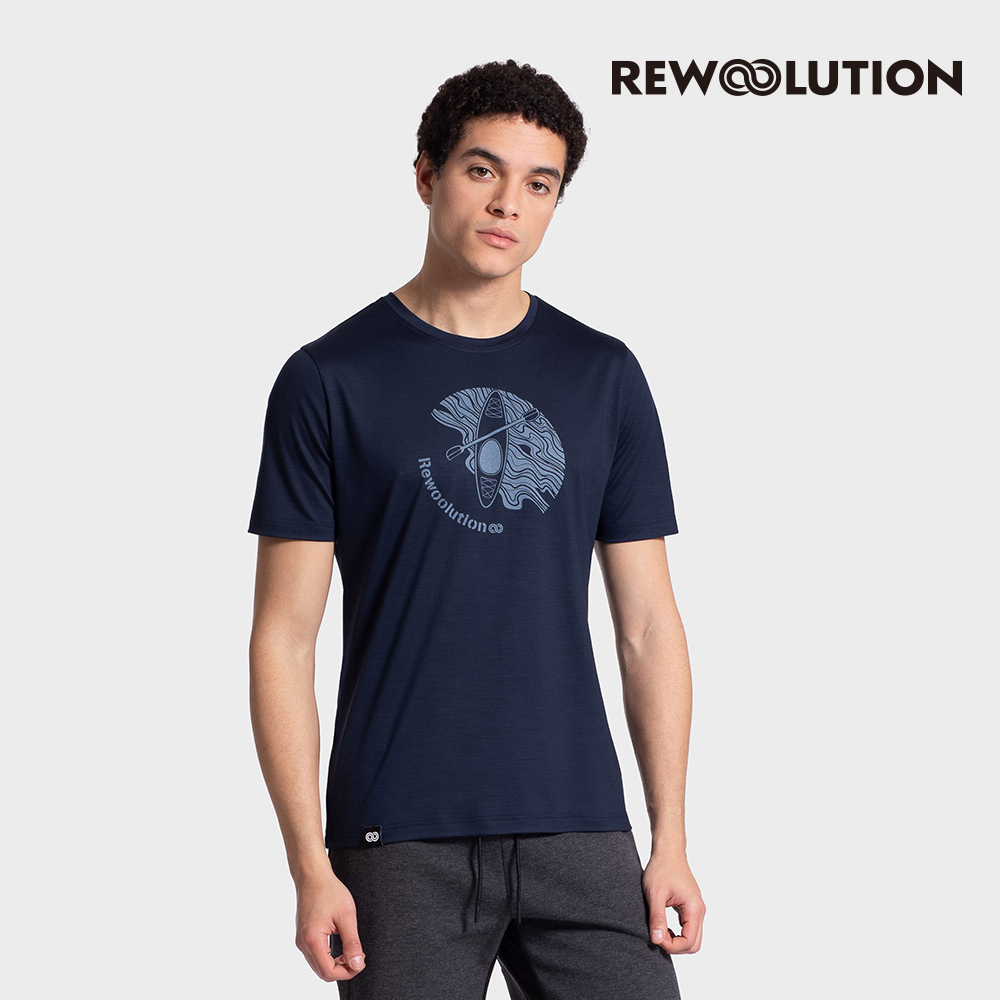 【Rewoolution】男 WAKA 140g短袖印花T恤(海軍藍)-羊毛 吸濕排汗 羊毛衣 底層衣 T恤|REEB1MC516