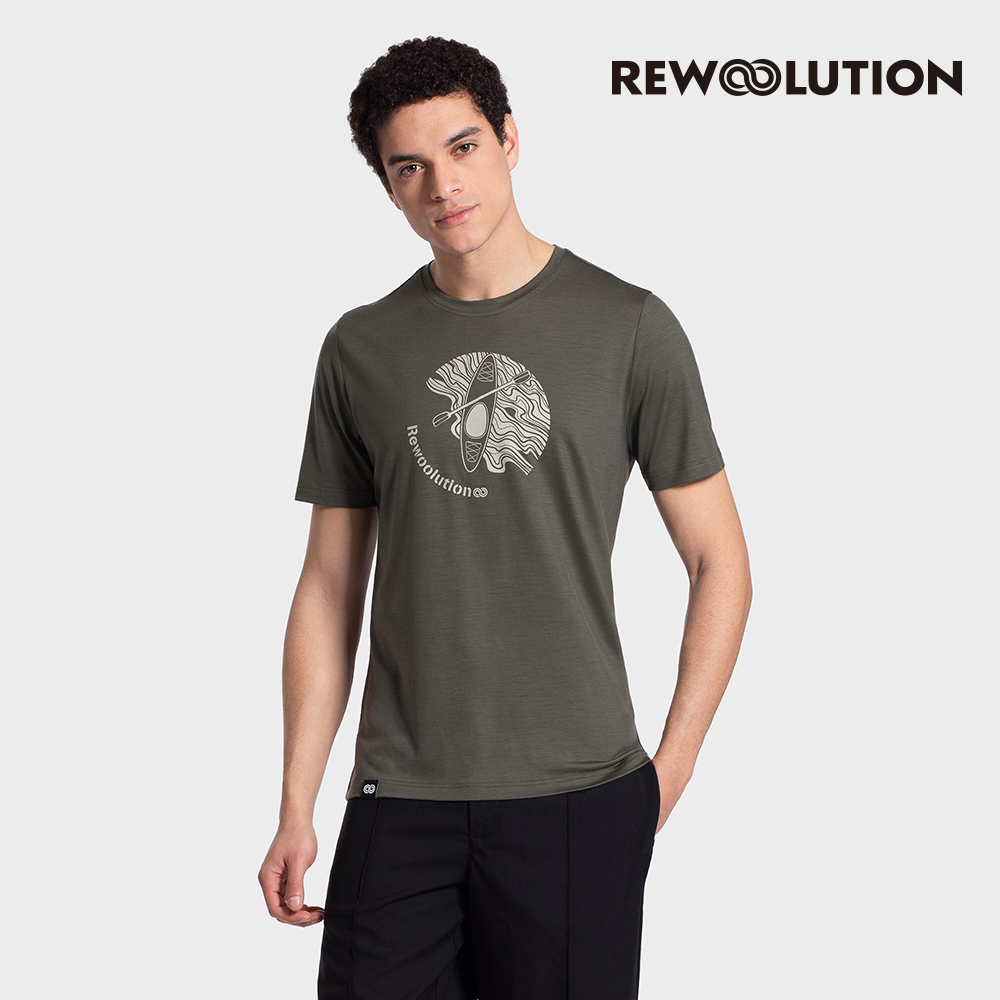 【Rewoolution】男 WAKA 140g短袖印花T恤(海藻綠)-羊毛 吸濕排汗 羊毛衣 底層衣 T恤|REEB1MC516