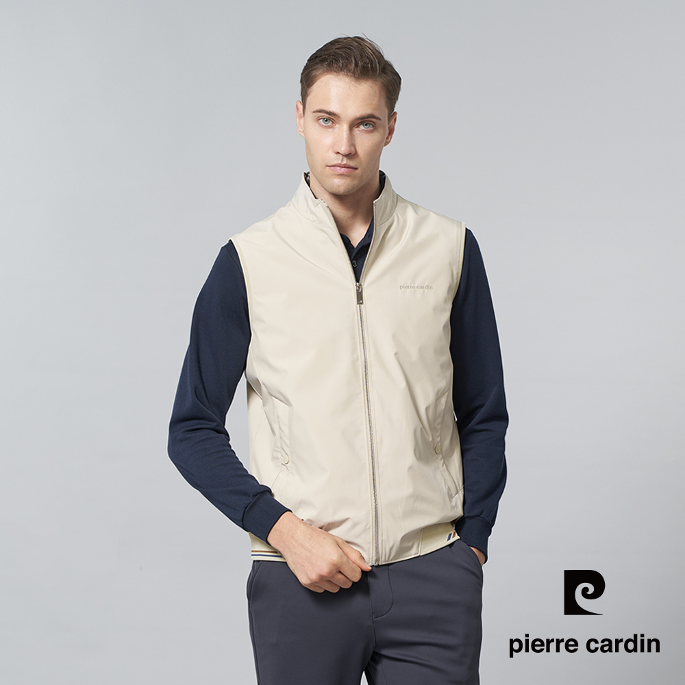 【pierre cardin皮爾卡登】男裝 都會休閒素色配格紋保暖背心-米色 (5245361-80)