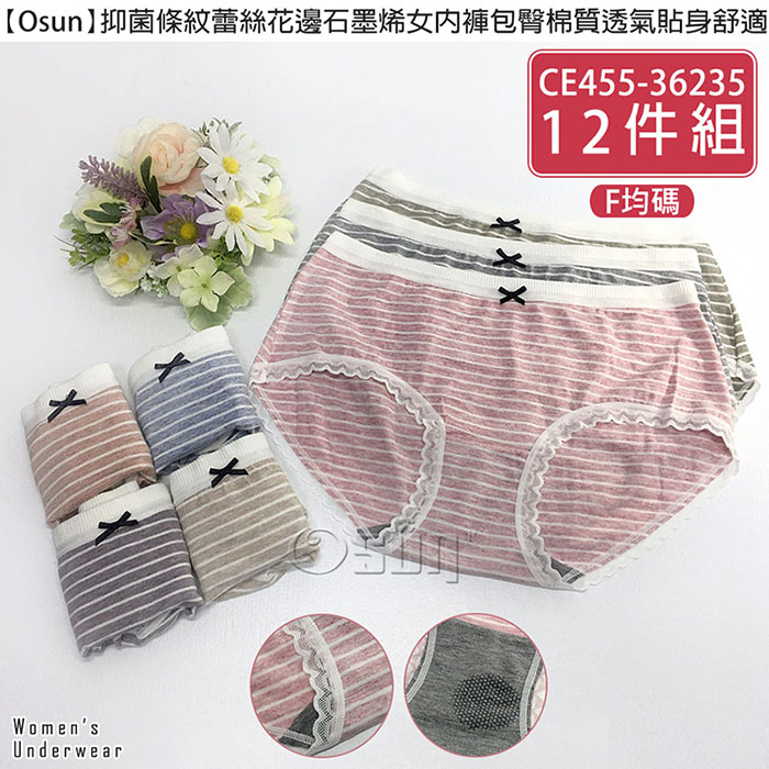 【Osun】抑菌條紋蕾絲花邊石墨烯女內褲包臀棉質透氣貼身舒適(12件組，CE455-36235)