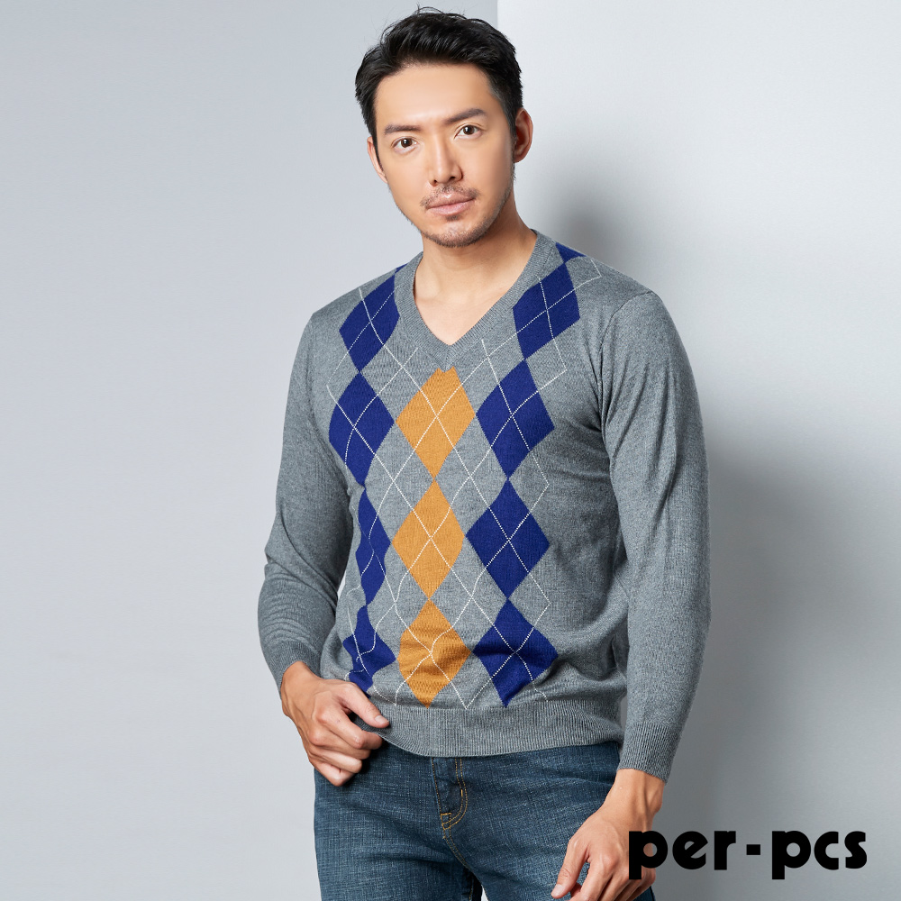 【per-pcs】菱格紋羊毛混紡毛衣 灰色(PW0758)