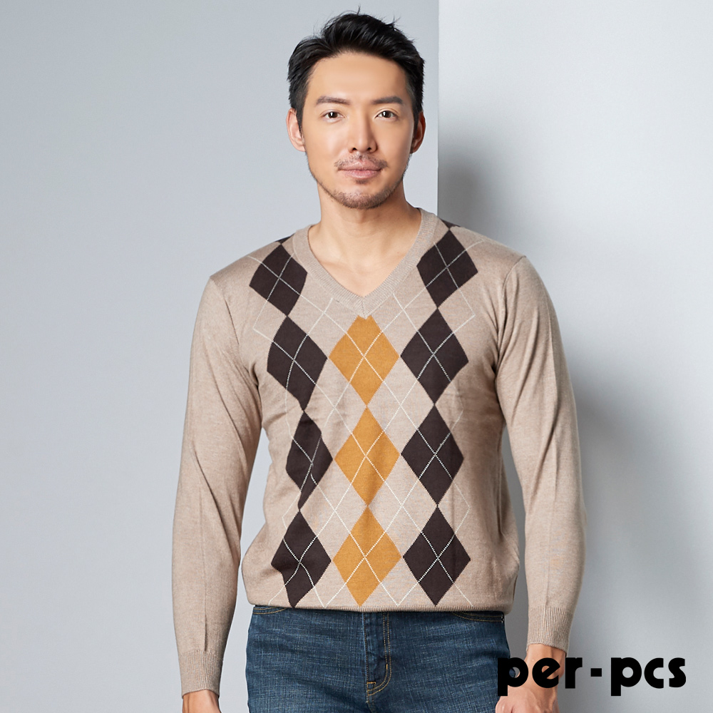 【per-pcs】菱格紋羊毛混紡毛衣 駝色(PW0759)