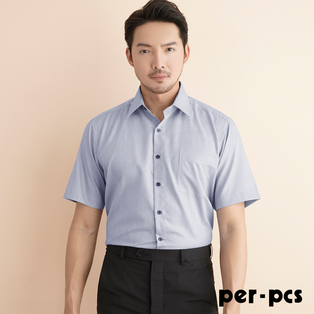 【per-pcs】精選商務細條紋短袖襯衫_藍(721457)