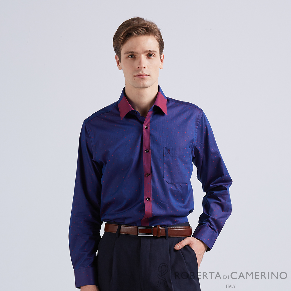 【ROBERTA諾貝達】商務襯衫 印度素材 純棉修身版 絲的光澤長袖襯衫 藍