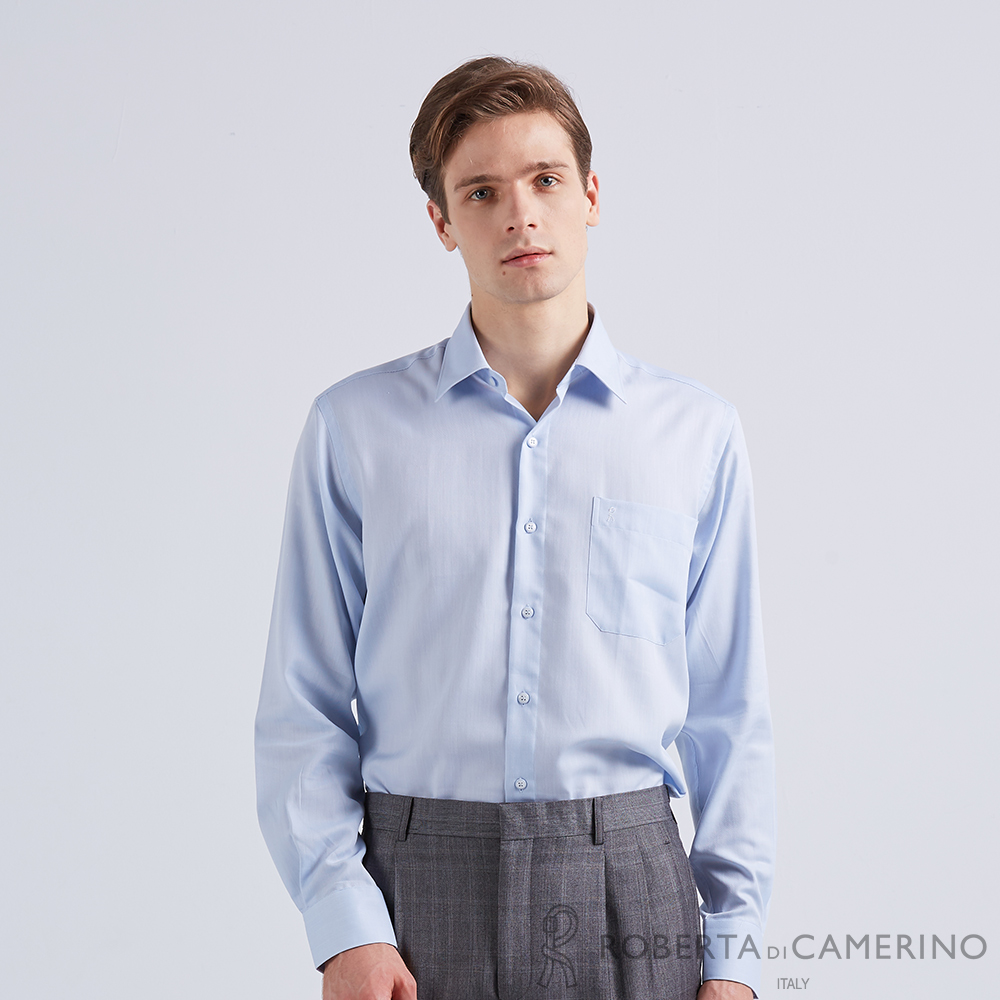 【ROBERTA諾貝達】商務襯衫 職場型男 素暗條紋長袖襯衫 淺藍