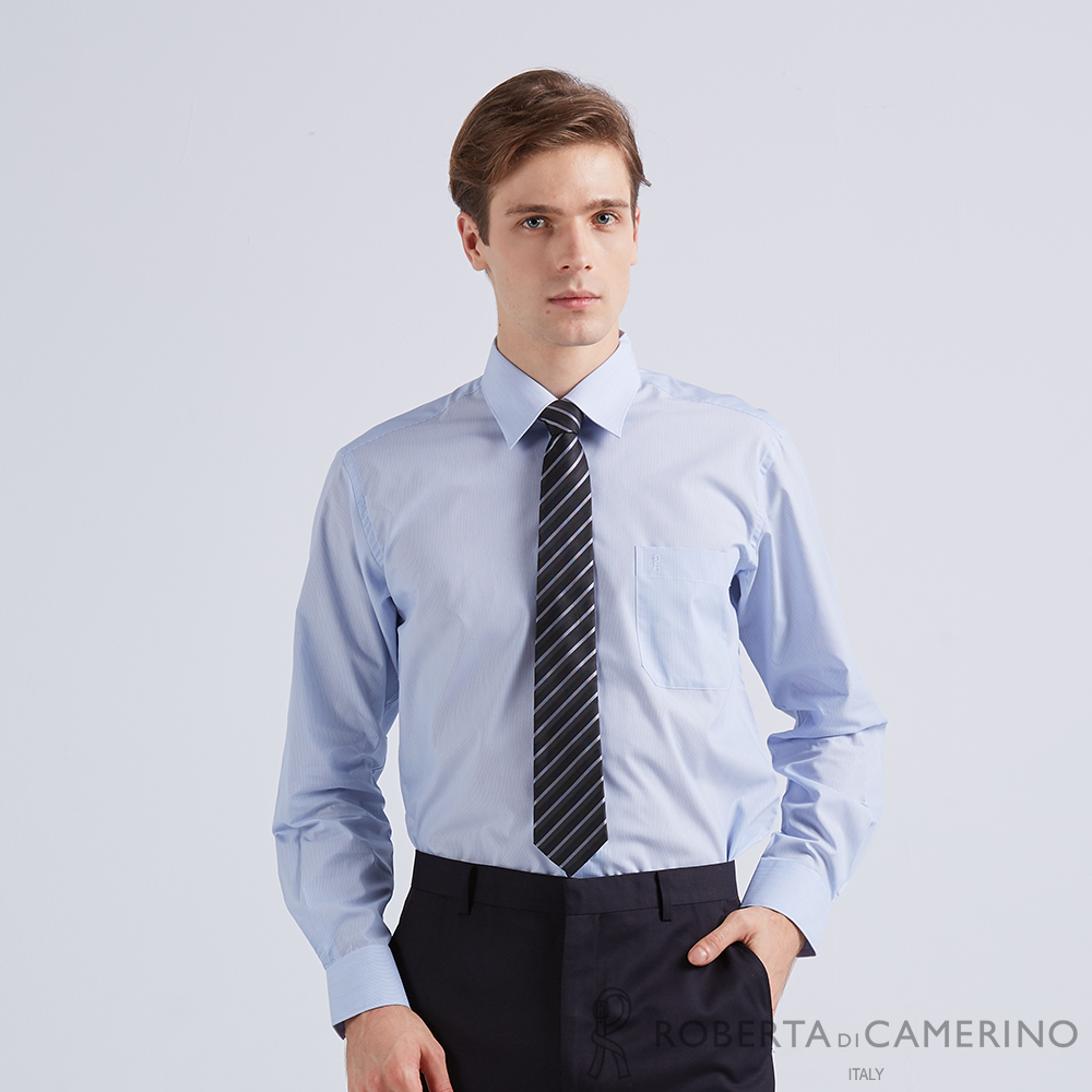 【ROBERTA諾貝達】台灣製 職場型男 展現時尚都會風格長袖襯衫 藍