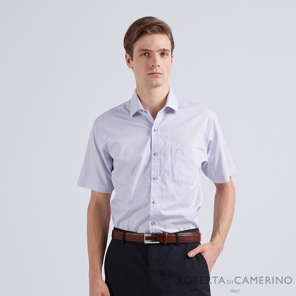 【ROBERTA諾貝達】商務襯衫 進口素材 修身版 經典條紋 簡約款短袖襯衫 白紫