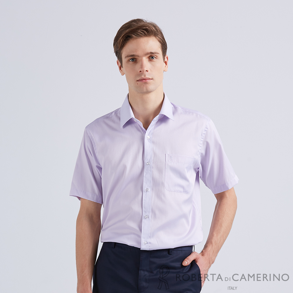 【ROBERTA諾貝達】台灣製 修身版 親膚舒適商務休閒短袖襯衫 紫