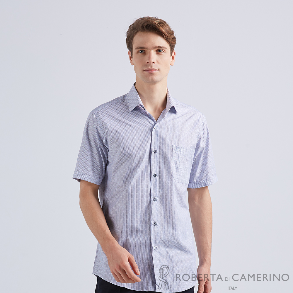 【ROBERTA諾貝達】進口素材 台灣製 修身版 與眾不同 紳士款短袖襯衫 灰藍