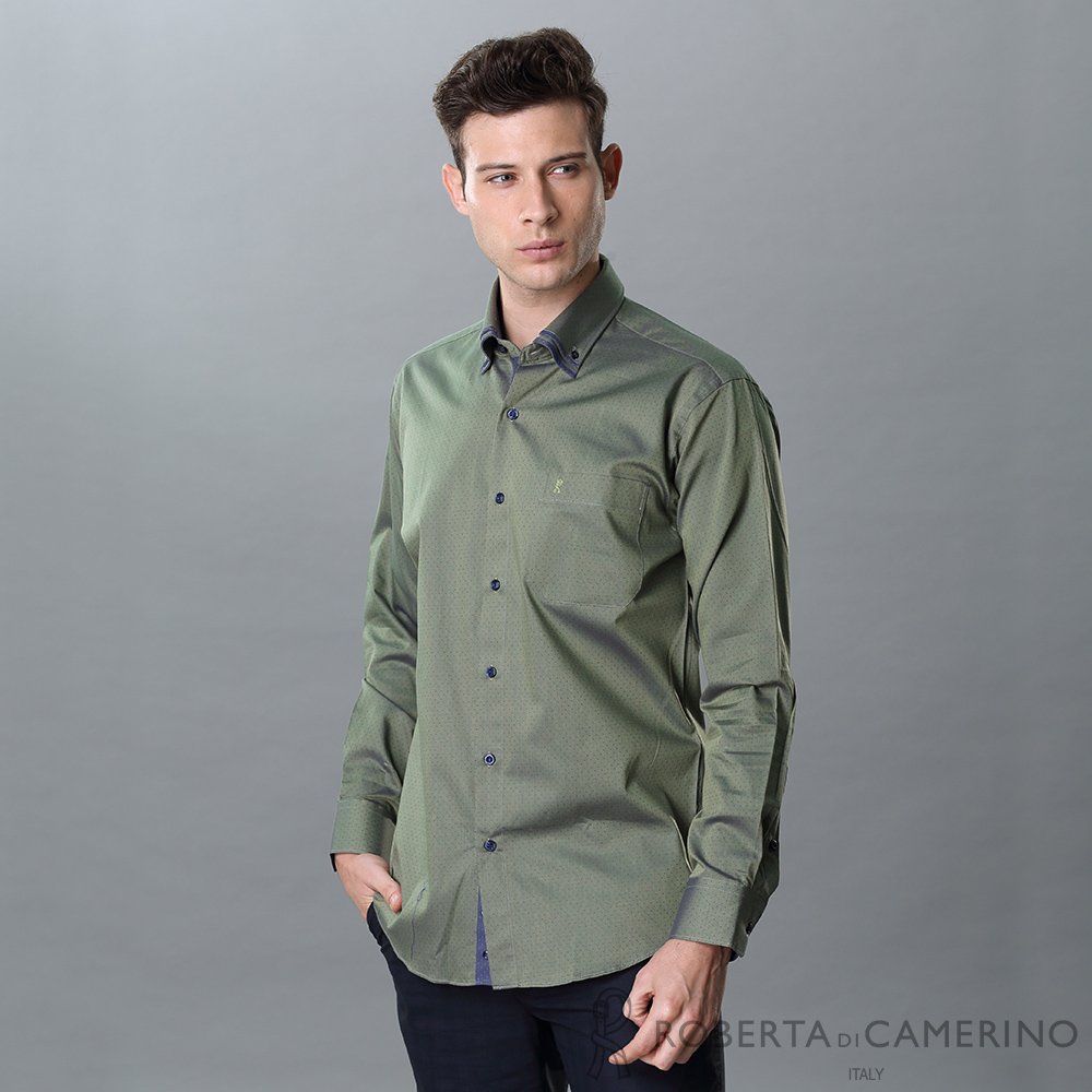【ROBERTA諾貝達】進口素材 台灣製 合身版 純棉商務型男點點長袖襯衫 綠色