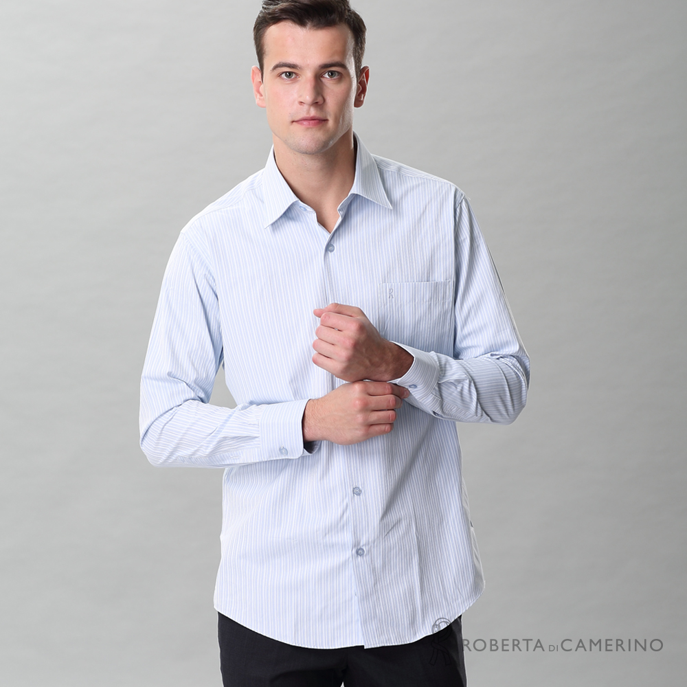 【ROBERTA諾貝達】台灣製 合身版 嚴選穿搭 商務條紋長袖襯衫 藍白