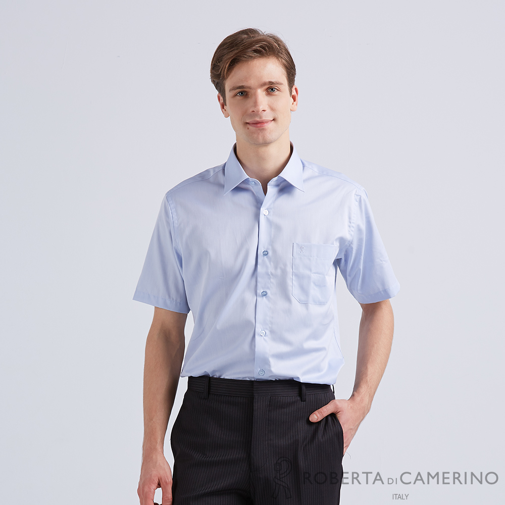【ROBERTA諾貝達】商務襯衫 進口素材 修身版 滑順細緻短袖襯衫 藍