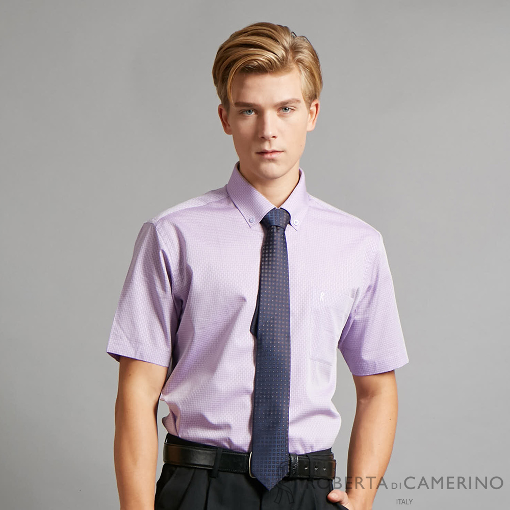 【ROBERTA諾貝達】進口素材 台灣製 純棉舒適柔軟 細緻格紋短袖襯衫 紫色