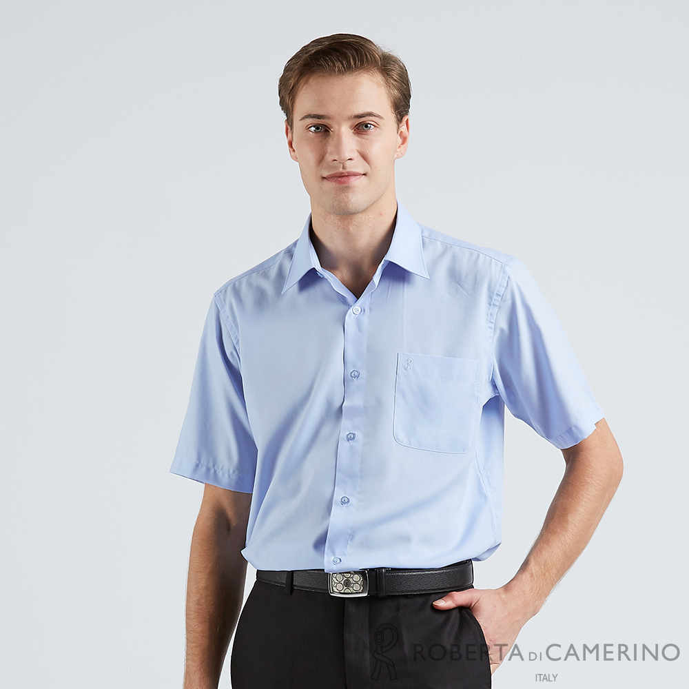 ROBERTA諾貝達 台灣製 輕柔觸感 職場型男防皺短袖襯衫 藍