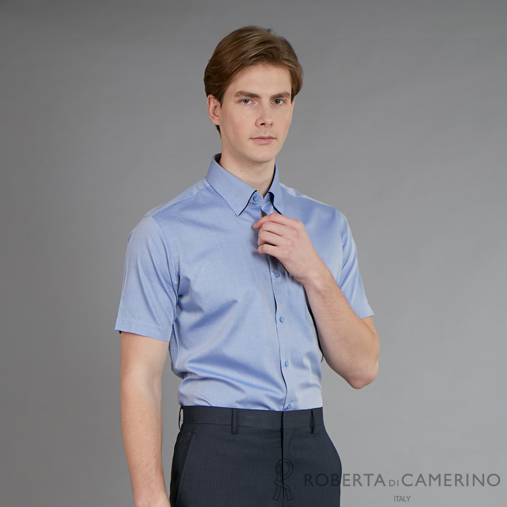 ROBERTA諾貝達 台灣製 合身版 紳士品味 優質純棉短袖襯衫 藍色