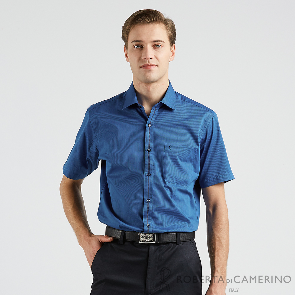ROBERTA諾貝達 奧地利素材 台灣製 純棉合身版 商務型男短袖襯衫 藍