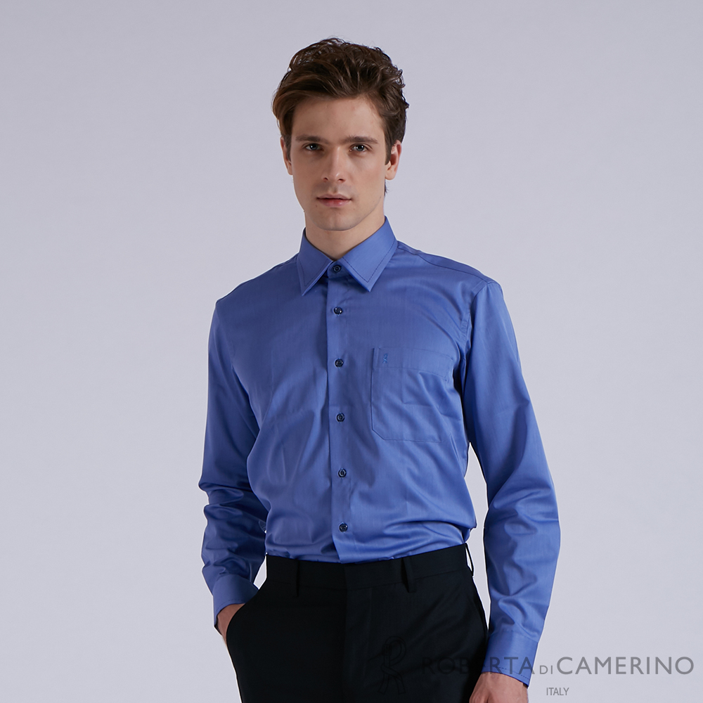【ROBERTA諾貝達】 男裝 進口素材 經典款 純棉藍色長袖襯衫