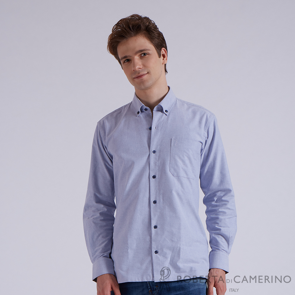 【ROBERTA諾貝達】男裝 冬季限定 保暖織物 時髦雅緻素面長袖厚襯衫 藍