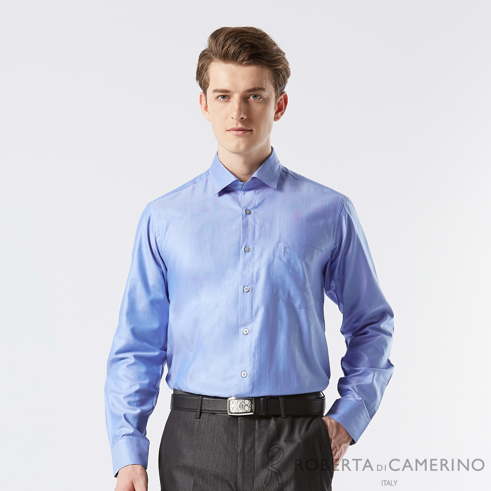 【ROBERTA諾貝達】男裝藍色長袖都會襯衫-純棉合身版-奧地利素材 台灣製